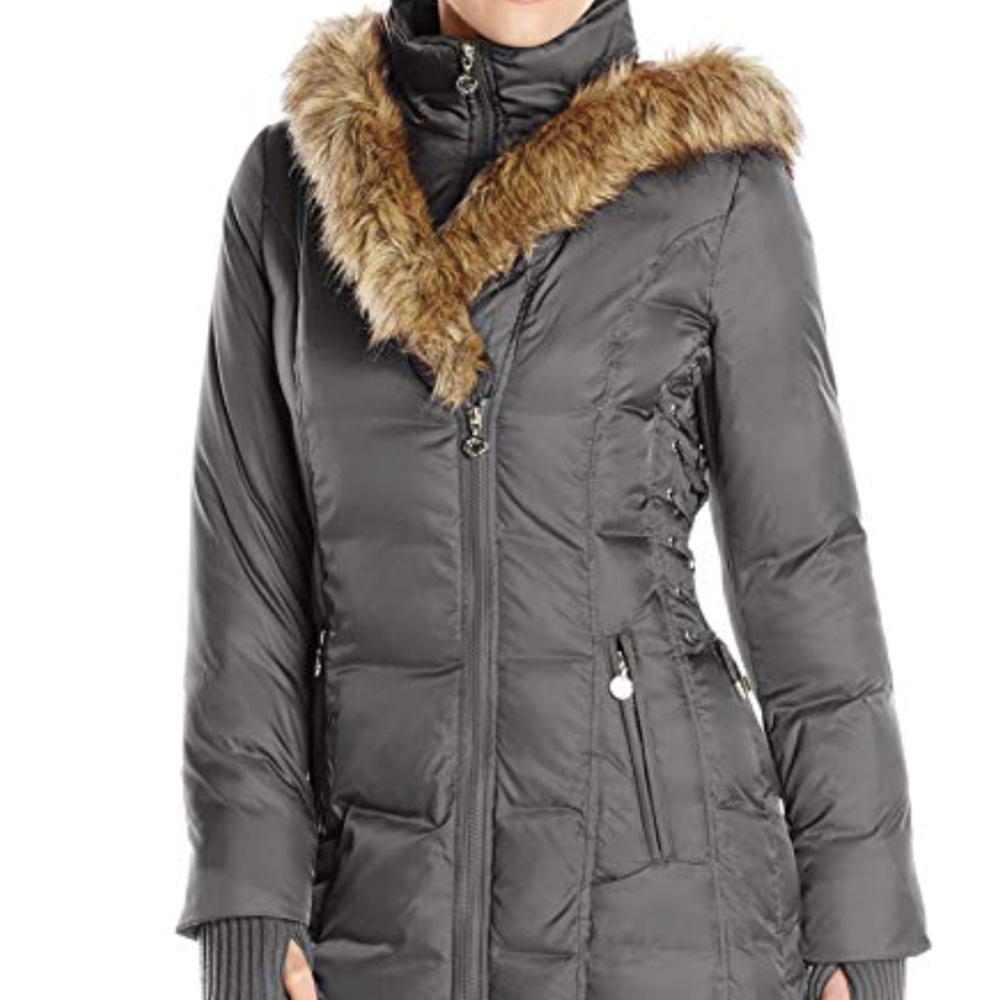 Women's Mid-Length Puffer Coat with Faux-Fur Hood